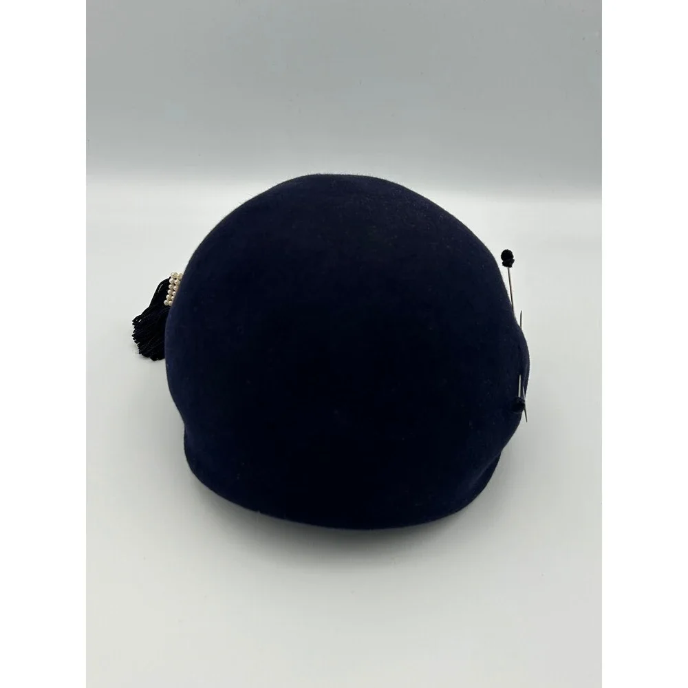Jo Bailey Hats Navy Blue Wool Felt Pillbox Hat Pearl Tassel Accent Vintage Style